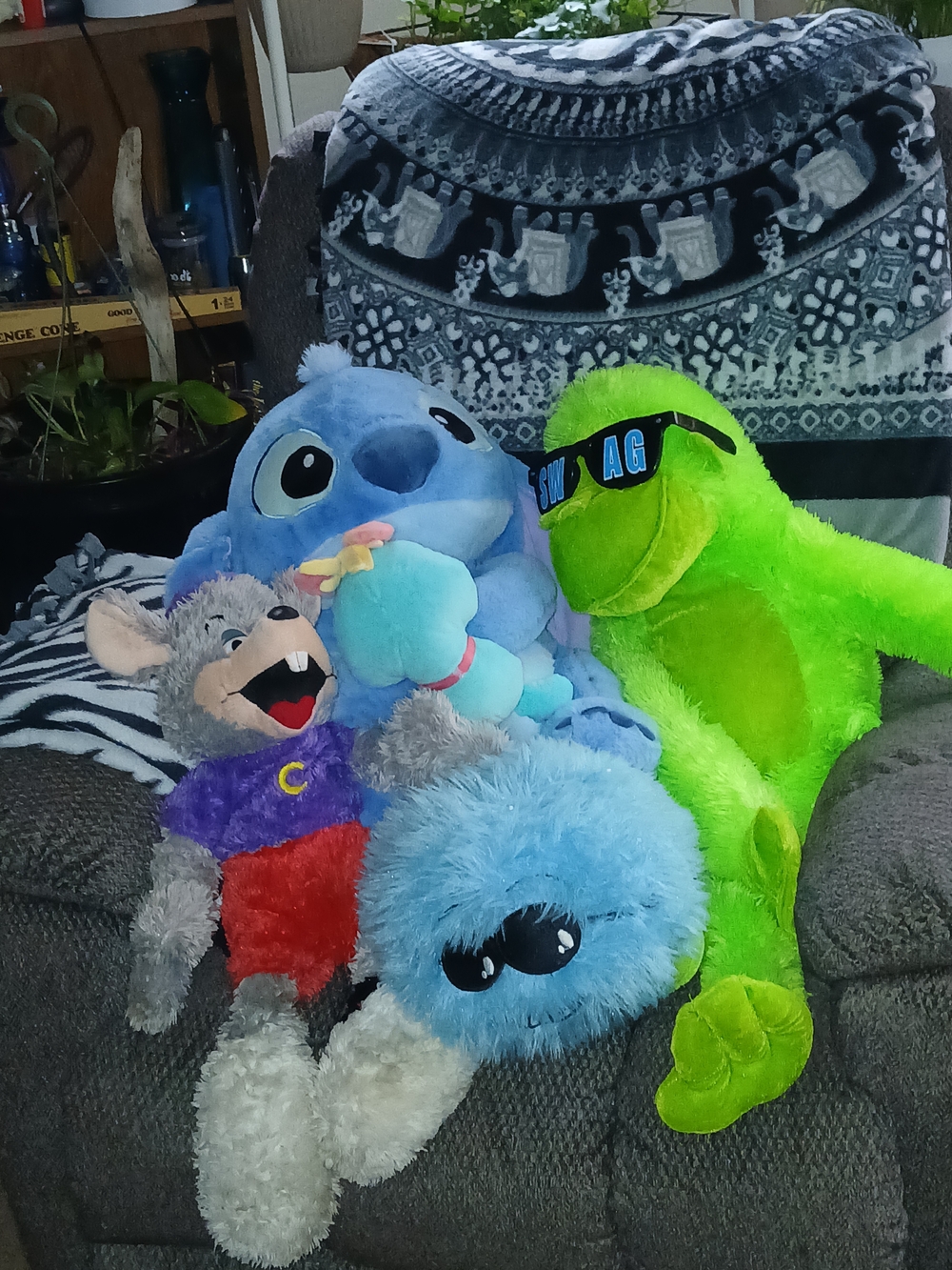 Assorted Plush Toy Lot - Bright Blue Stitch, Lime Green, Gray Chuck E Cheese